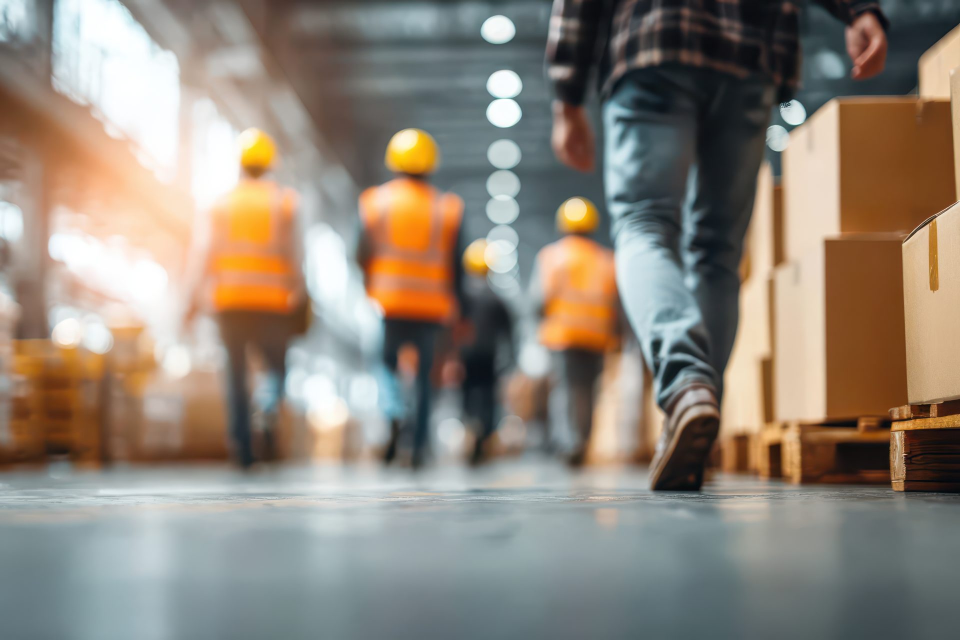 Industrial workers with hard hats and vests walking along a warehouse floor.