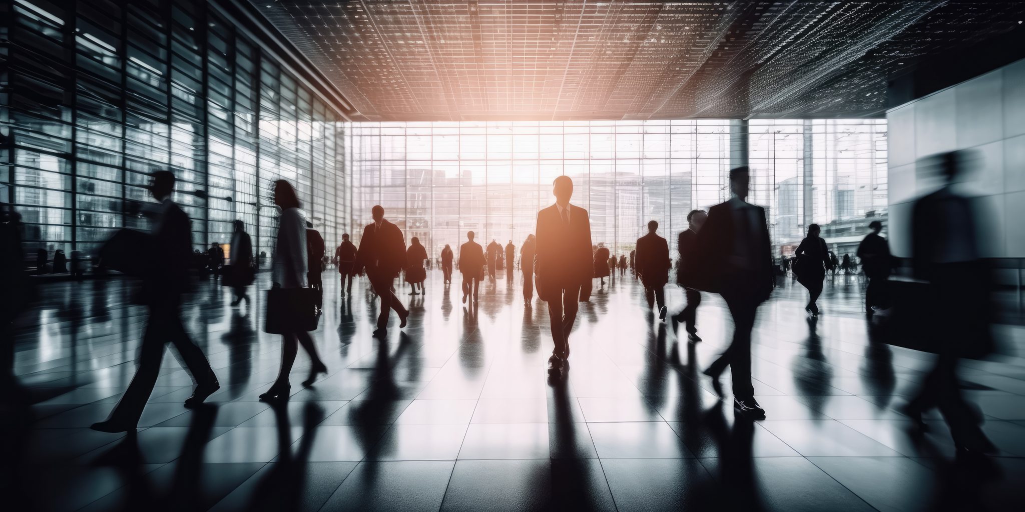 Blurred business people walking in the city scape , panoramic view of people crossing the road