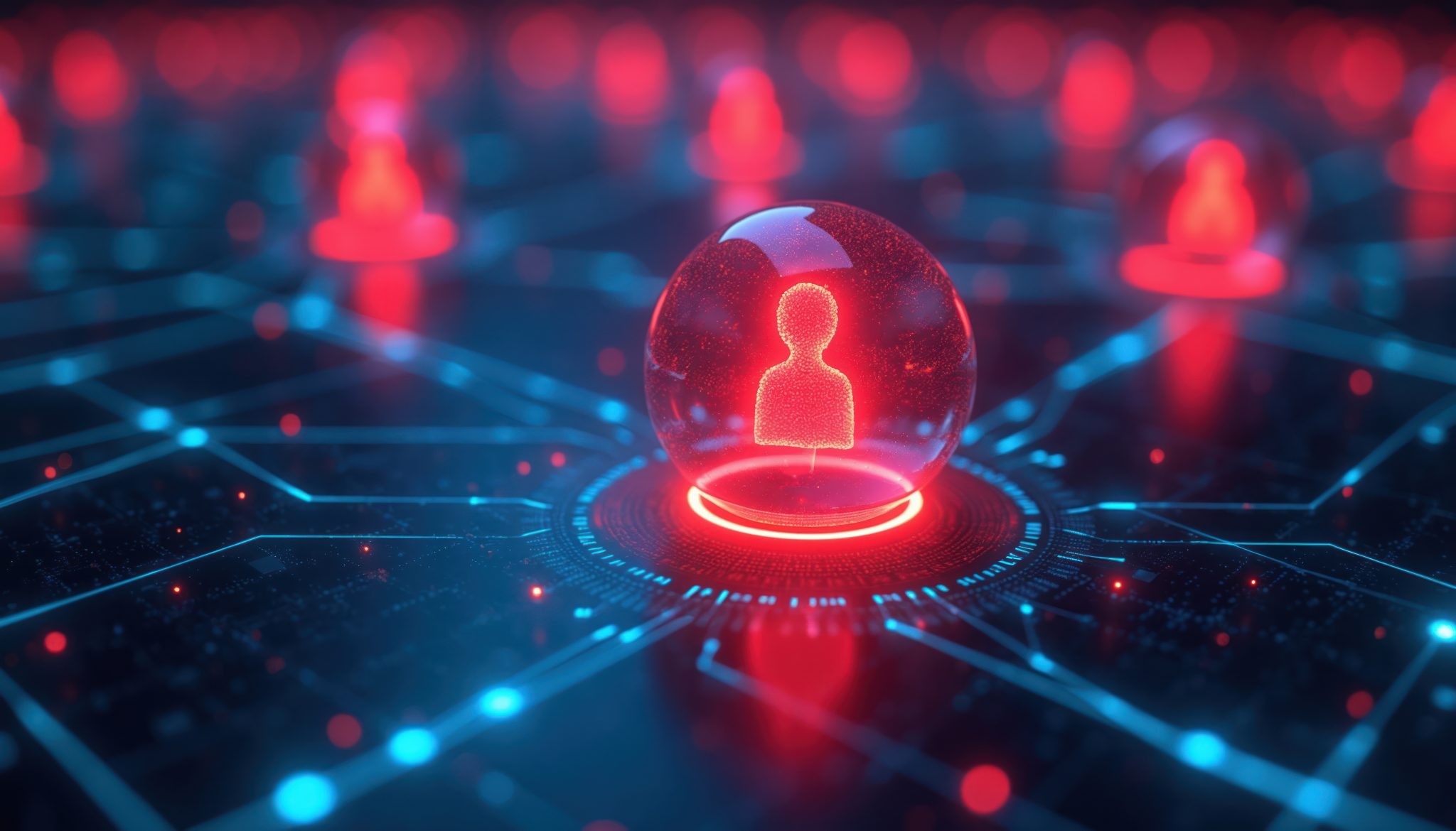 Glowing user icon in red sphere on digital grid with nodes. Abstract network of connections and data. Futuristic cyber security concept art.